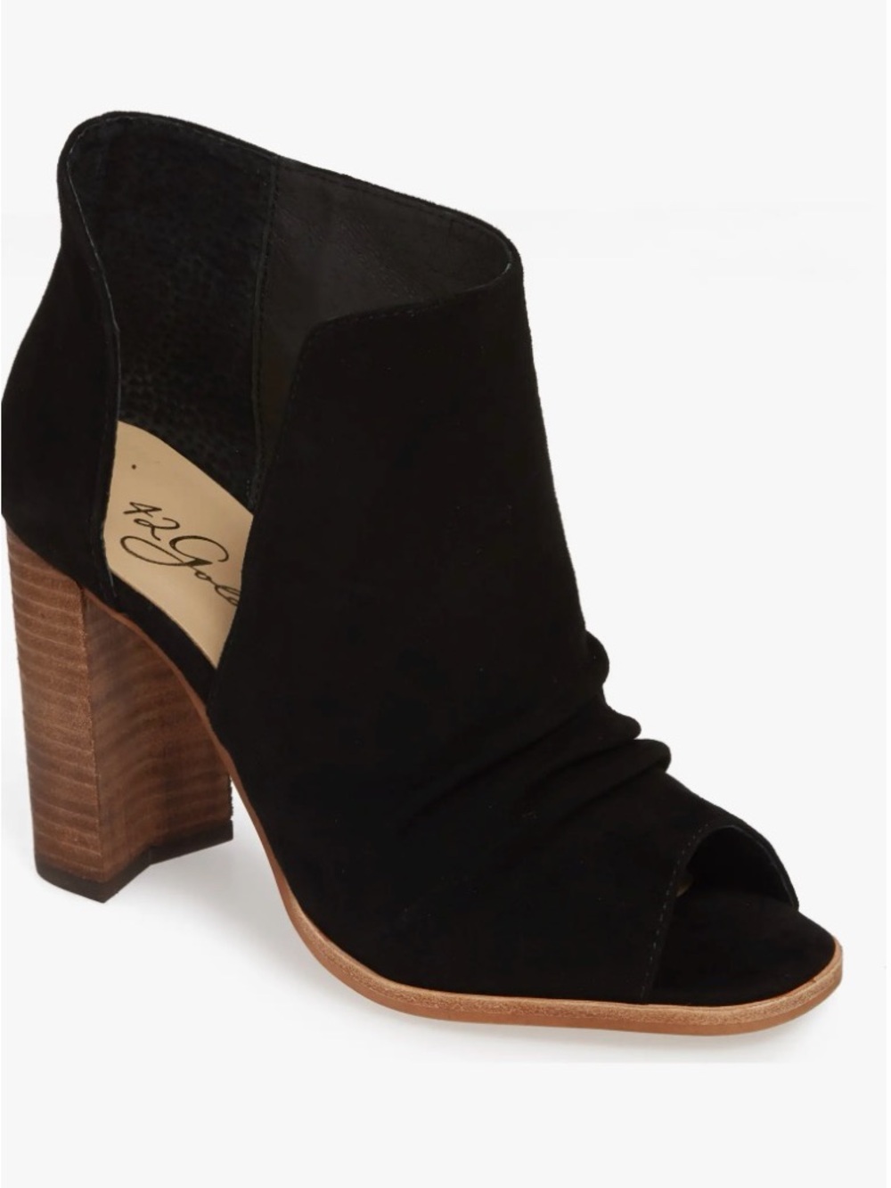 42 GOLD Black Suede Peep-Toe Block Heel Loyalty Bootie